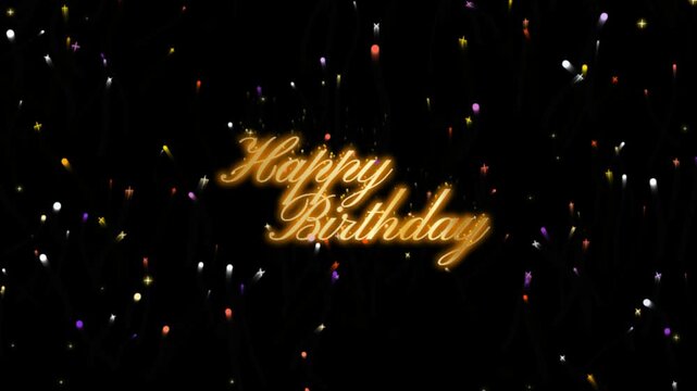 Glowing gold happy birthday cursive text with colorful glittering firework sparks on black