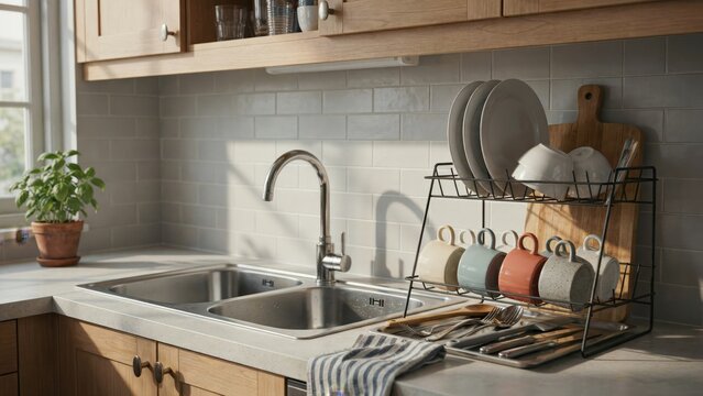 Dish rack with colorful ceramic mugs and white plates near kitchen faucet for modern sink area organization and drying home.