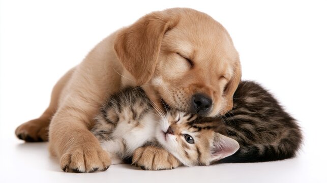 Adorable Golden Retriever puppy and tabby kitten cuddling and sleeping together on a white background