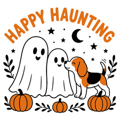 Obraz premium Happy haunting two ghosts beagle dog pumpkin Halloween t-shirt design vector illustration