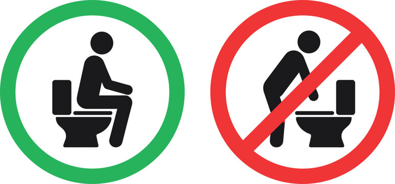 Correct Toilet Sitting Position And Prohibited Squatting Warning Vector Sign Set