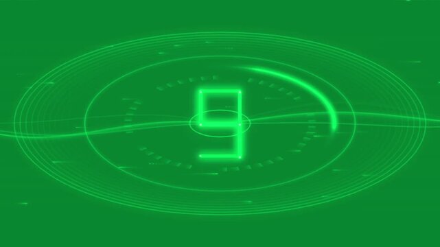 Green Neon Digital Countdown Sequence Featuring Glowing Numbers Seven Six Nine And Two On Dark Scree