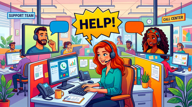 Customer support team agents working in call center office helping clients online cartoon illustration
