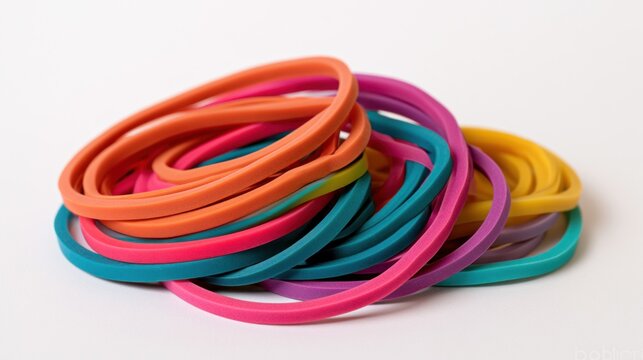 Collection of Vibrant Multi-Colored Thick Rubber Bands Pile Isolated on White Background
