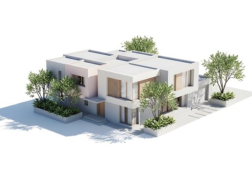 Modern architectural rendering of a luxury minimalist residential house with green trees and white exterior