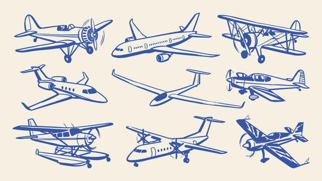 Hand drawn airplane vector illustrations set featuring various aircraft types including biplane jet glider and seaplane