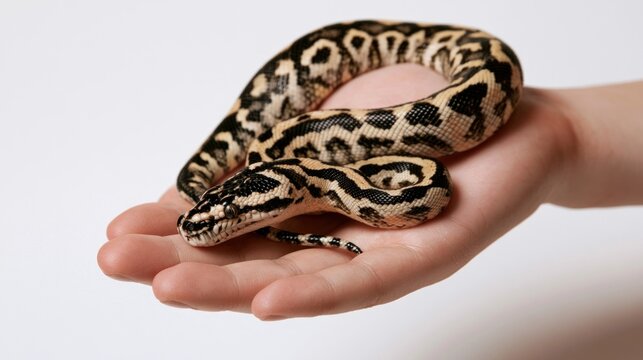 Small Carpet Python Snake Coiled in a Person's Hand on a White Background