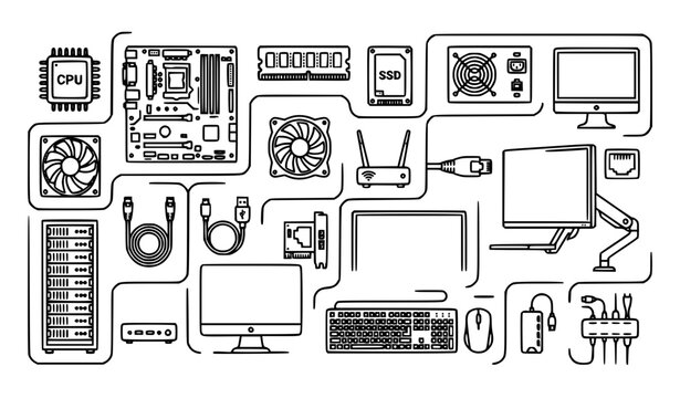 Computer Components and Connectivity Outline Icons Collection for Hardware and Workstation Technology