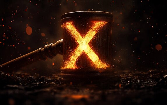 A wooden gavel with the letter X glowing with fire in the center.