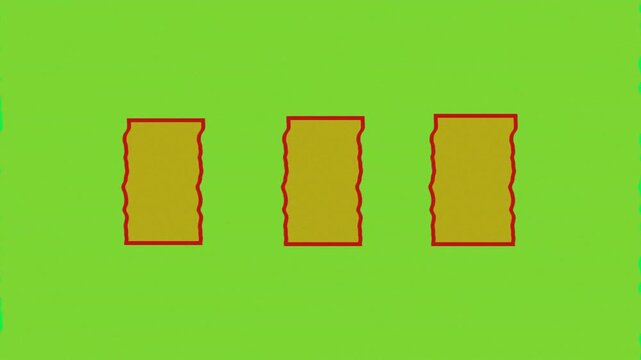 Three vertical golden rectangles on a vibrant green background with retro film grain effect.