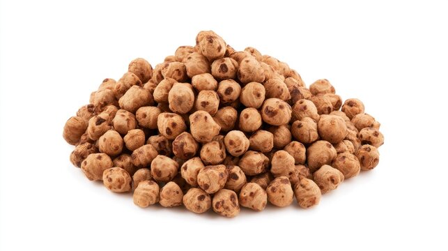 Pile of raw tiger nuts (chufa) isolated on white background
