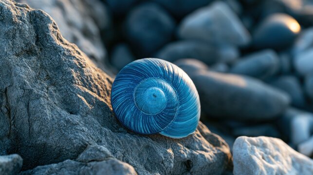 Vibrant blue snail shell with a perfect spiral resting on a rocky beach at sunset
