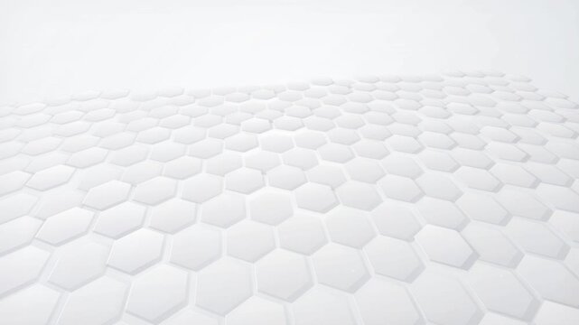 Clean white hexagonal grid pattern moving in abstract 3D space, perfect for technology backgrounds, corporate presentations and digital science designs