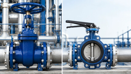 Fototapeta premium Gate Valve vs Butterfly Valve in Industrial Water Pipeline, Close-Up Engineering Comparison