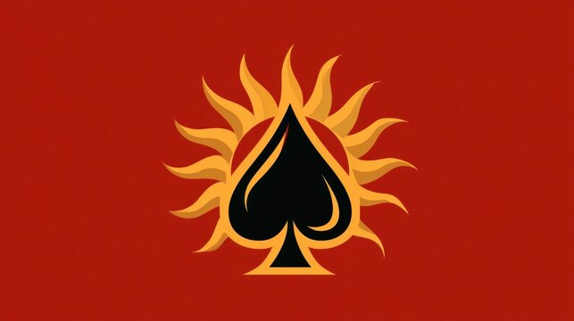 Stylized Black Spade Icon with Golden Sunburst Rays on Red Background
