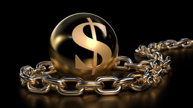 Golden Dollar Symbol Sphere Bound by Heavy Metal Chains Representing Financial Debt and Economic Burden