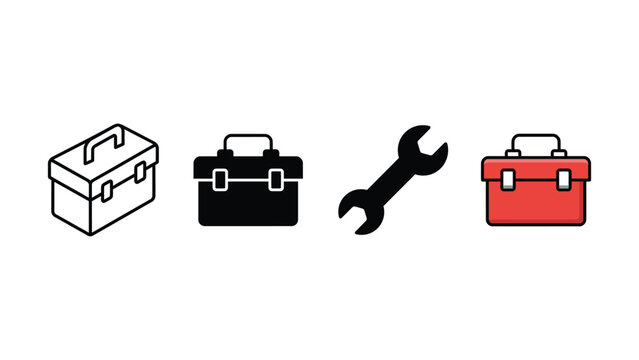 Set of diverse tool box and wrench icons in various flat and linear styles