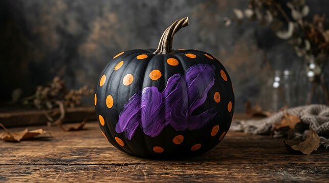 Black pumpkin decorated with orange dots and purple paint
