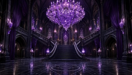 Gothic palace hall with purple crystal chandelier and staircase
