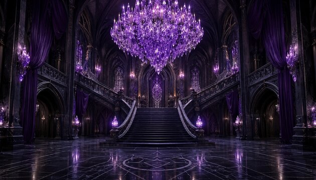 Gothic palace hall with purple crystal chandelier and staircase