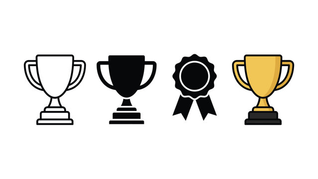 Set of gold trophy cup and award ribbon flat vector icons