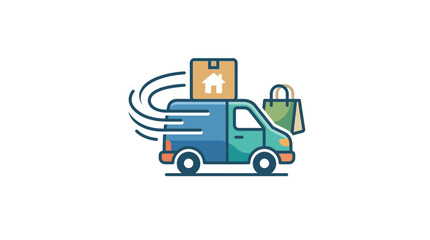 Fototapeta premium Fast delivery van icon with house package and shopping bag for e-commerce logistics