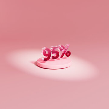 3D pink 95 percent discount sign on podium illuminated by a bright spotlight beam, ninety-five percent off sale banner with soft shadows on pastel background.