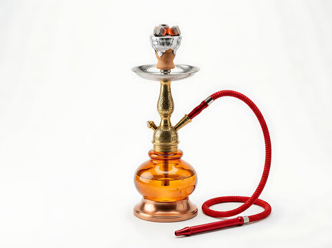 Elegant Copper Hookah With Red Hose And Wooden Stem transparent background