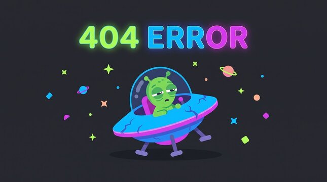404 error page with cute alien in a broken spaceship
