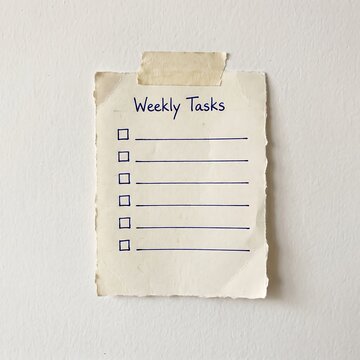 Weekly tasks checklist note taped to a white wall for project planning and time management
