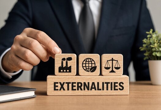 Business professional demonstrating concept of externalities with environmental and legal icons on wooden blocks