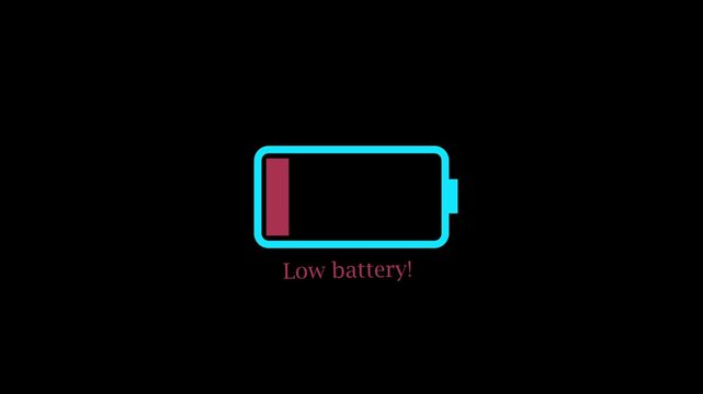 Animation featuring a low battery text icon against, Empty battery allert animation.