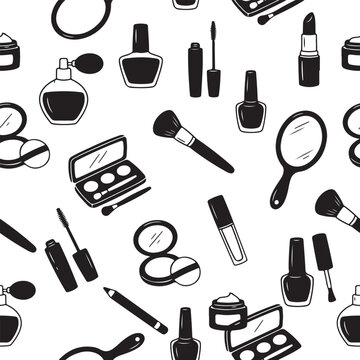 Seamless pattern of beauty and makeup items isolated on white background