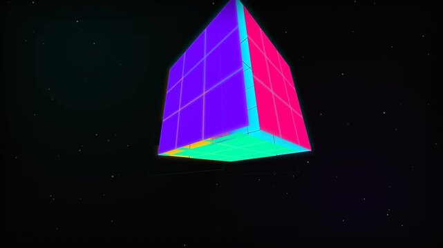 Glowing neon puzzle cube rotating and dissolving into colorful fragments, suitable for technology backgrounds, sci-fi visuals and abstract motion graphics