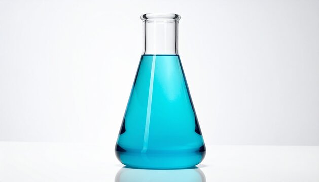 Laboratory Erlenmeyer Flask with Blue Solution on White Background