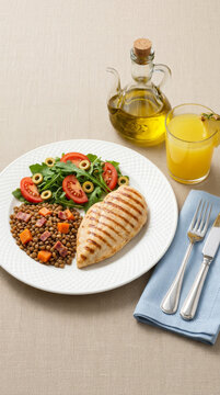 Grilled chicken fillet with lentils, a salad of arugula, tomato, and olives, olive oil, and pineapple juice for a healthy lunch 