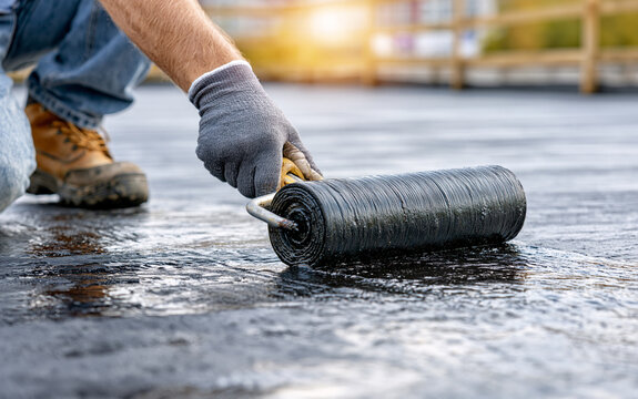 Worker applying black bitumen waterproofing coating on flat roof with roller