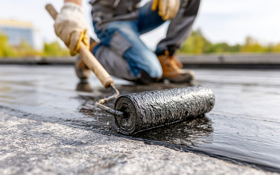 Worker applying black bitumen waterproofing coating on flat roof with roller