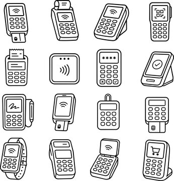 A collection of black and white line art icons depicting various electronic payment terminals and credit card readers.
