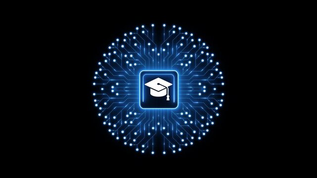 Graduation cap icon with glowing blue digital network connections on black background for education, learning, achievement, and career development