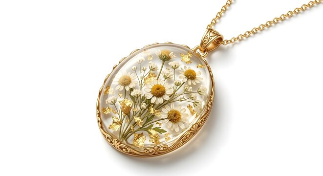 Generate a macro 8k clip art of a complex, oval-shaped resin pendant filled with a curated mixture of dried botanicals, including tiny chamomile, baby's breath, and real 24k gold leaf flakes. The pend