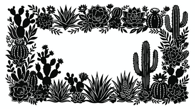 Cad tree lines Black white cactus frame vector, desert plant illustrations, succulent border design, botanical silhouette print, floral corner embellishment, gardening theme vector