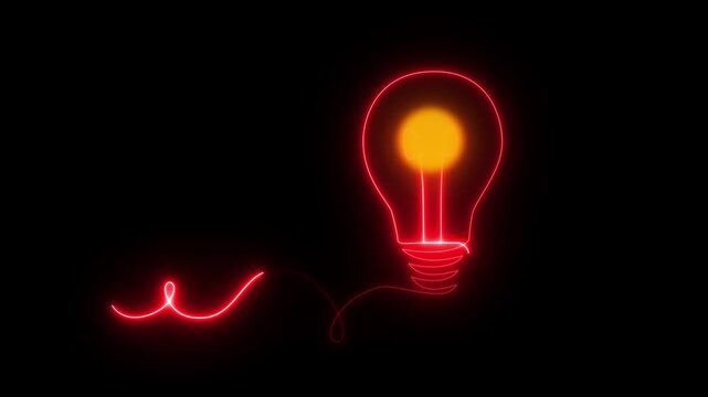 Neon Light bulb, idea concept animation. Continuous line self drawing animation.concept video on black background.