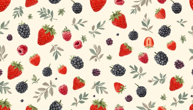 Berry assortment seamless pattern with strawberries, blackberries and leaves