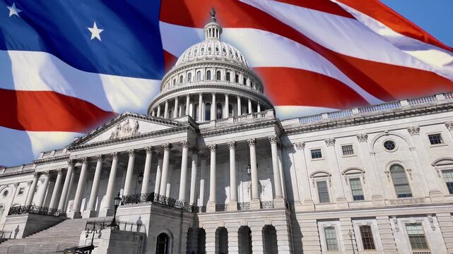 Stylized composite of the United States Capitol Building in Washington, DC, with a large waving American flag creating a patriotic background. 15381  
