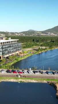 Technology and Innovation Complex Surrounded by Forest, Lakes and Green Landscape in Northern Florian&oacute;polis, Brazil. Aerial View.