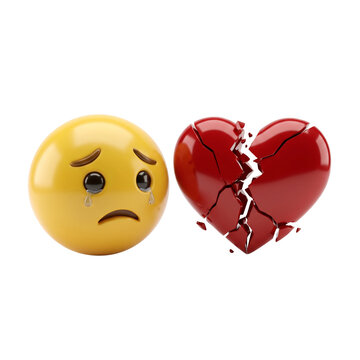 Sad crying emoji with broken heart, 3D glossy yellow face with tears, shattered red heart symbol for heartbreak and divorce