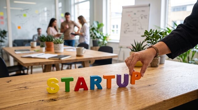 Hand placing colorful wooden letters spelling Startup on a wooden office table