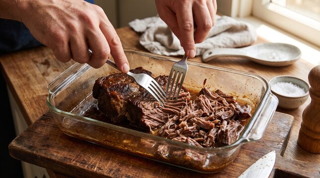 Person shredding slow cooked beef brisket with forks in a glass baking dish