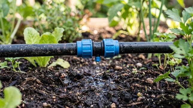 Drip irrigation system watering garden soil with black hose and blue plastic connector.